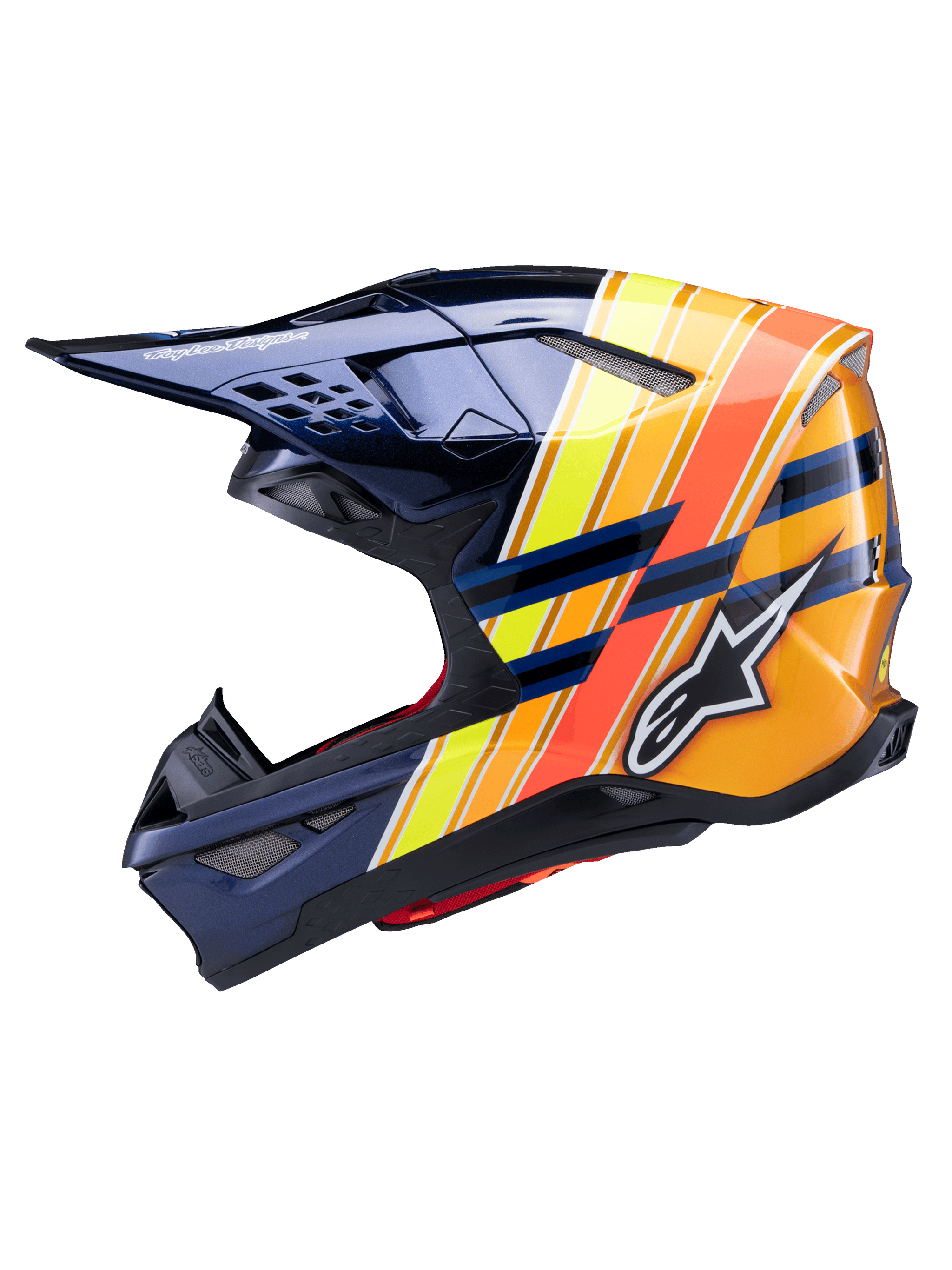 Alpinestars Supertech M10 TLD Edition 25 Helmet, side profile, glossy dark blue with vibrant orange, yellow, and fluorescent red graphic stripes, featuring the white Alpinestars logo and Troy Lee Designs branding, advanced motocross helmet for off-road performance