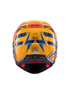 Alpinestars Supertech M10 TLD Edition 25 helm, motorcrosshelm, achteraanzicht, glanzend oranje en blauw met fluorescerend gele en rode accenten, met Troy Lee Designs-branding en MIPS-veiligheidssysteem, aerodynamisch ontwerp met ventilatieopeningen