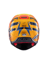 Alpinestars Supertech M10 TLD Edition 25 Helmet, Motocross Helmet, Rear View, Glossy Orange and Blue with Fluorescent Yellow and Red accents, featuring Troy Lee Designs branding and MIPS safety system, aerodynamic design with exhaust ports