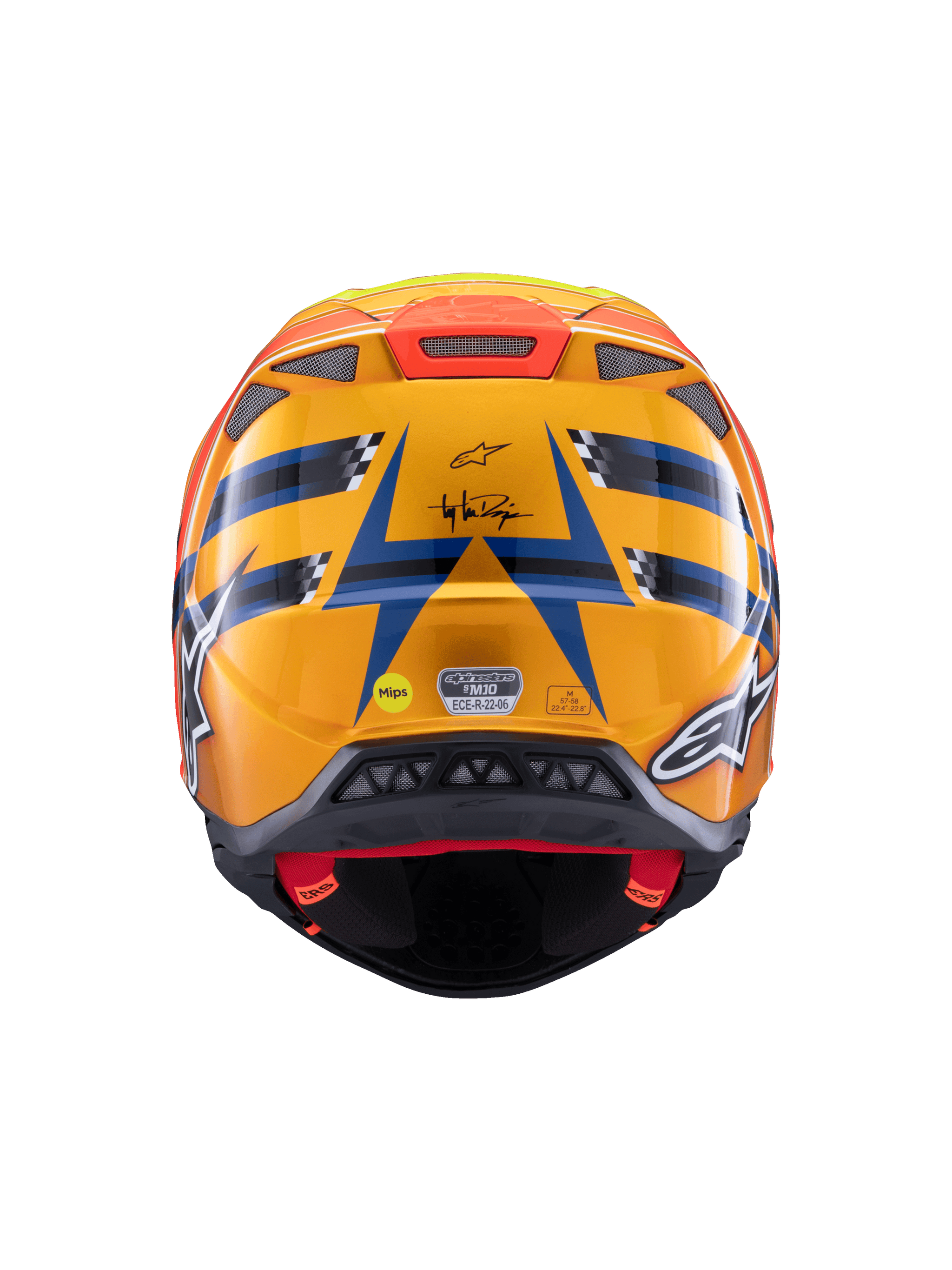 Alpinestars Supertech M10 TLD Edition 25 Helmet, Motocross Helmet, Rear View, Glossy Orange and Blue with Fluorescent Yellow and Red accents, featuring Troy Lee Designs branding and MIPS safety system, aerodynamic design with exhaust ports