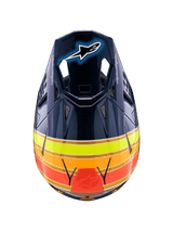 Alpinestars Supertech M10 TLD Edition 25 Helmet, Motocross Helmet, Glossy Dark Blue with Orange, Yellow Fluo, and Red stripes, top-down view showing the visor with Astar logo and mesh ventilation ports, professional off-road racing gear