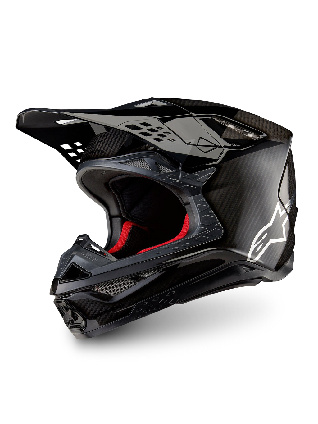 Alpinestars Supertech M10 Fame Helmet ECE 22.06, Black Carbon Matte and Glossy Motocross Racing Helmet with 3K carbon fiber shell and white logo.