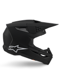 Alpinestars S-M3 Solid Helmet, Motocross Helmet, Matte Black finish, side profile featuring a white Alpinestars logo, aerodynamic shell with multiple ventilation ports and large visor, professional-grade off-road protective headgear