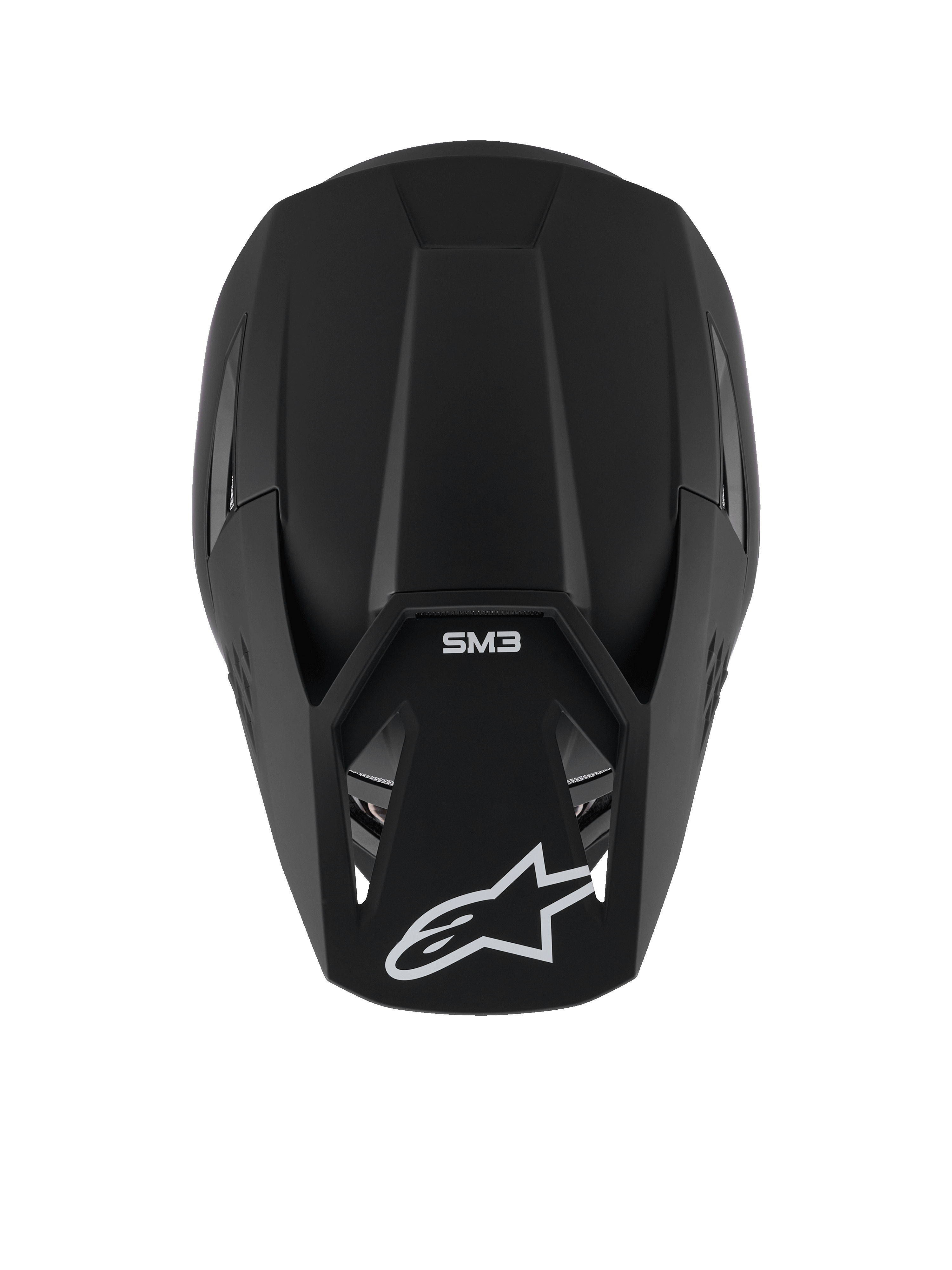 Alpinestars S-M3 Solid Helmet, Motocross Helmet, Black Matt, top-down view showing matte texture and aerodynamic shell, featuring white Alpinestars star logo on the peak and SM3 branding, premium head protection for off-road racing