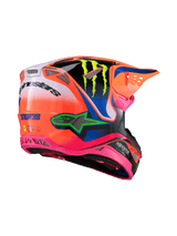 Alpinestars Supertech M10 Deegan Monster ECE 22.06 Helmet, Motocross Helmet, Orange Fluo, Purple, and Pink Gloss, rear three-quarter view highlighting aerodynamic design with multiple mesh ventilation ports, featuring lime green Monster Energy logo and Alpinestars branding.