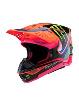 Alpinestars Supertech M10 Deegan Monster ECE 22.06 Helmet, Motocross Helmet, Orange Fluo, Purple, and Pink Gloss, featuring black panels and Monster Energy green claw branding, aerodynamic design with integrated ventilation ports, premium off-road racing gear