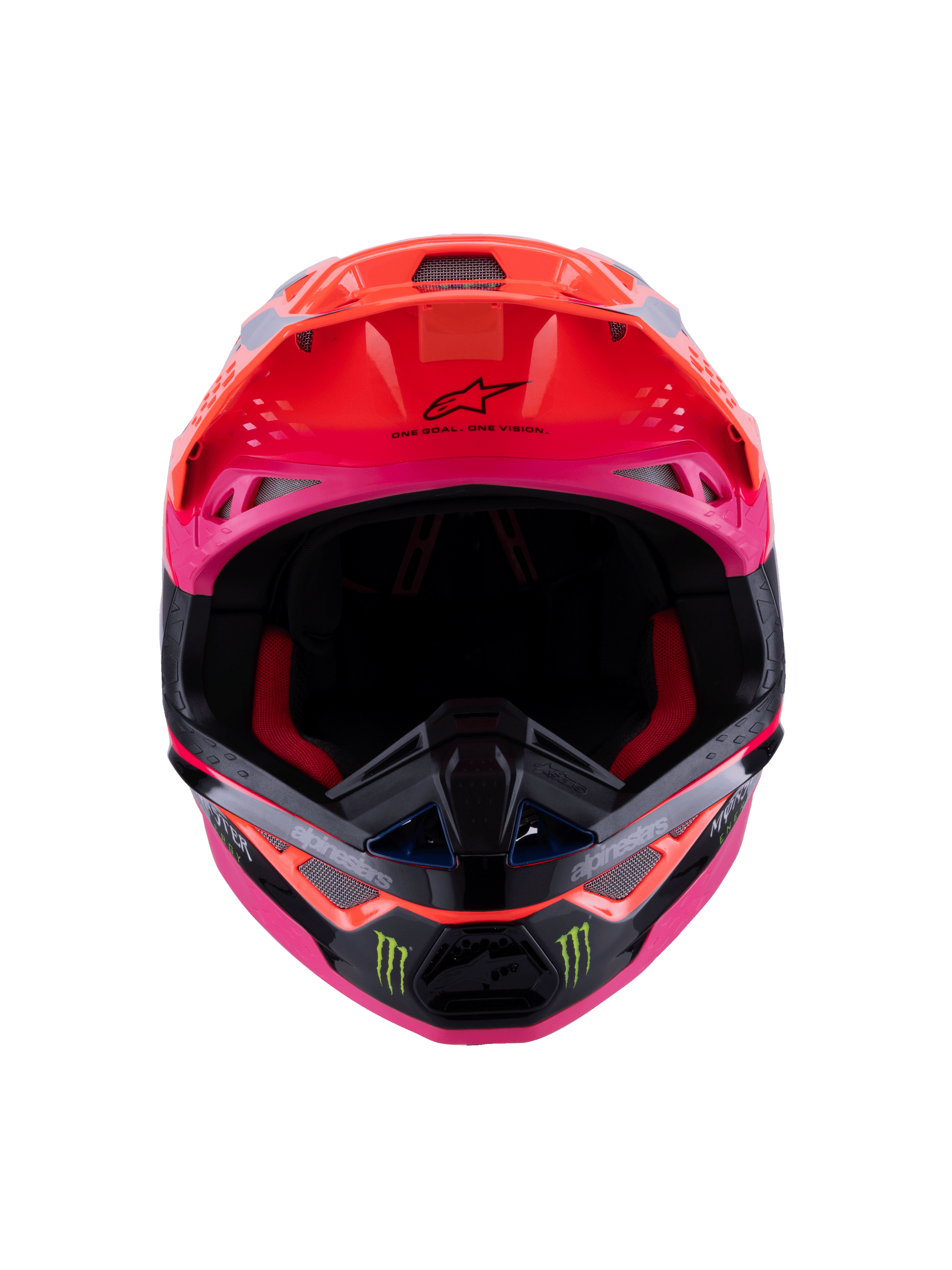 Alpinestars Supertech M10 Deegan Monster ECE 22.06 Helmet, front view of motocross helmet in Orange Fluo, Purple, and Pink Gloss, featuring Monster Energy claw logos on the black chin bar, aerodynamic design with integrated ventilation ports, premium off-road racing head protection