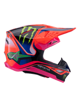Alpinestars Supertech M10 Deegan Monster Helmet, Motocross Helmet, Orange Fluo Purple and Pink Gloss, side profile view featuring Monster Energy branding, aerodynamic carbon shell with multiple ventilation ports, professional off-road racing protection
