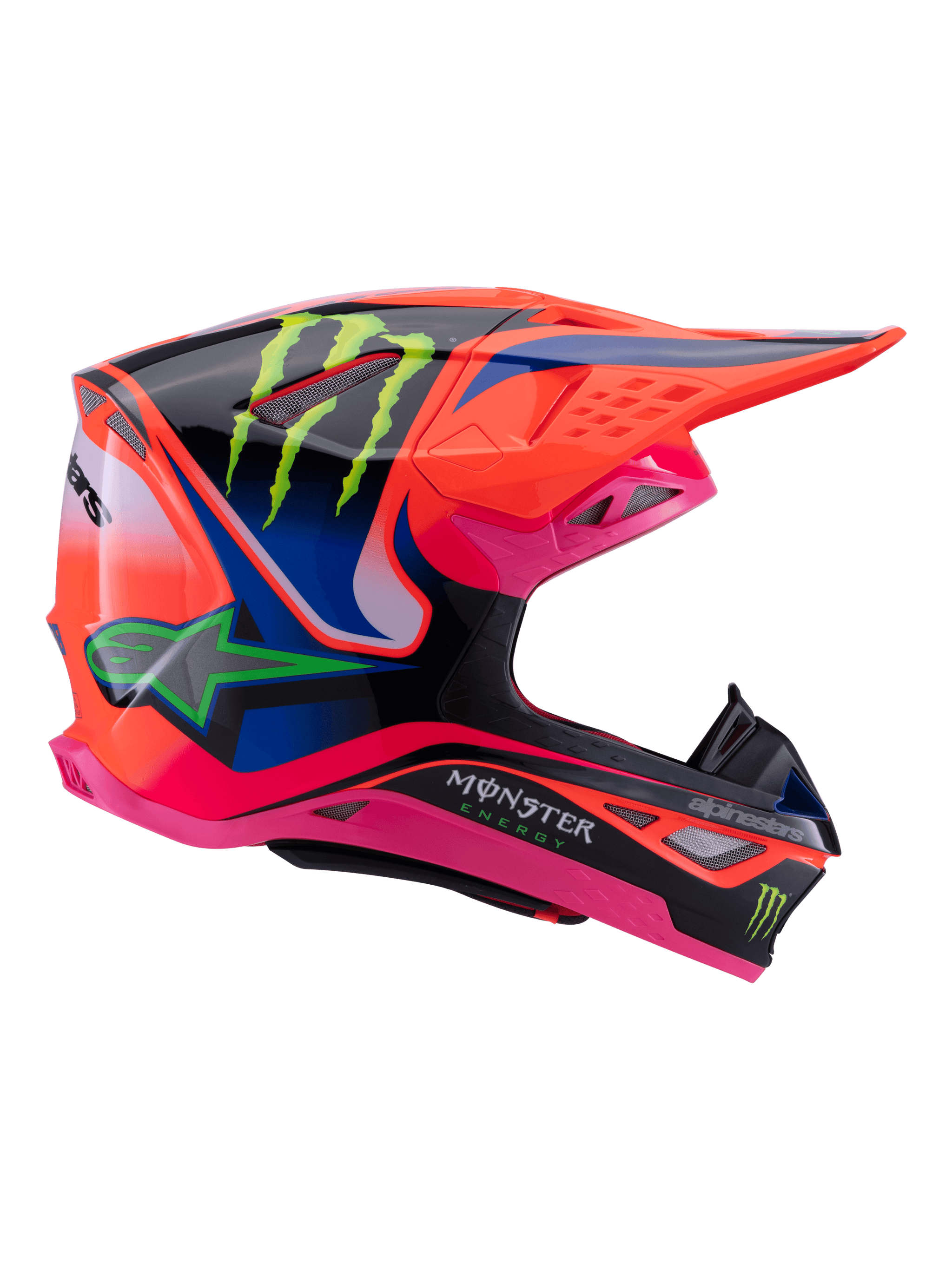 Alpinestars Supertech M10 Deegan Monster Helmet, Motocross Helmet, Orange Fluo Purple and Pink Gloss, side profile view featuring Monster Energy branding, aerodynamic carbon shell with multiple ventilation ports, professional off-road racing protection