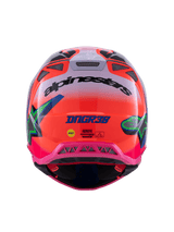 Alpinestars Supertech M10 Deegan Monster ECE 22.06 Helmet, Rear View, Orange Fluo and Pink Gloss gradient, featuring black Alpinestars branding, DNGR38 logo, yellow MIPS sticker, and integrated mesh ventilation ports, professional motocross head protection