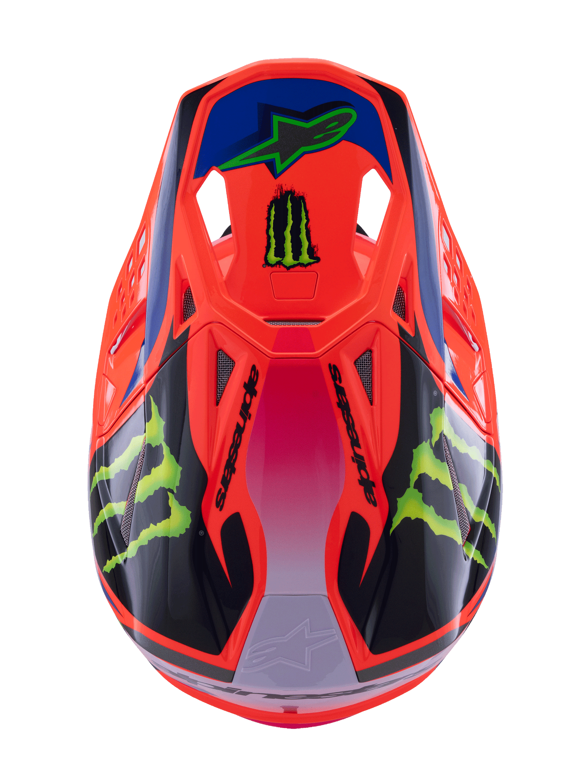 Alpinestars Supertech M10 Deegan Monster Helmet, Motocross Helmet, Orange Fluo with Purple and Pink gradient, featuring Green Monster Energy claw logos and black graphics, top-down view showing aerodynamic profile and ventilation ports