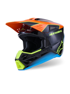 Alpinestars S-M3 Fray Helmet, Motocross Helmet, Black with Orange, Neon Yellow, and Blue accents, three-quarter view showing the aerodynamic thermo-injected shell and protective visor for off-road racing