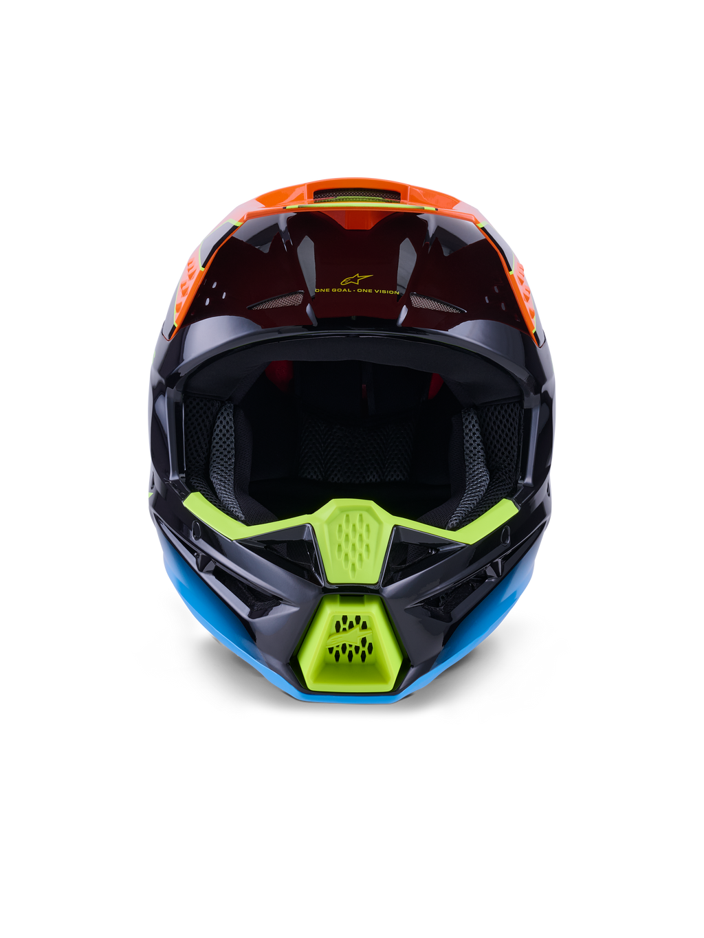 Alpinestars S-M3 Fray Helmet ECE 22.06, Motocross Helmet, Black Orange and Fluo Yellow, front view showcasing aggressive chin bar design with mesh vents, wide eye port, and sleek aerodynamic profile for off-road racing.