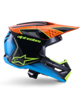 Alpinestars S-M3 Fray Helmet ECE 22.06, Motocross Helmet, Black Orange Blue and Neon Yellow, side profile of a glossy aerodynamic shell with a prominent orange peak, neon green branding, and blue accents, off-road racing protection