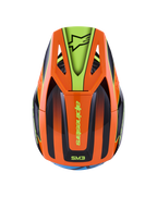 Alpinestars S-M3 Fray Helmet, Motocross Helmet, Orange and Fluorescent Yellow with Black accents, top view showing aerodynamic shell and peak with Alpinestars logo, vibrant graphic design for off-road riding