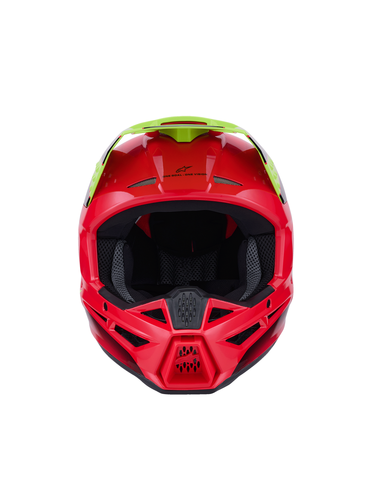 Alpinestars S-M3 Fray-helm ECE 22.06, motorcrosshelm, rood en fluogeel, vooraanzicht met glanzende afwerking, voorzien van meerdere ventilatieopeningen en een opvallend vizier, hoogwaardige beschermende uitrusting voor off-road rijden