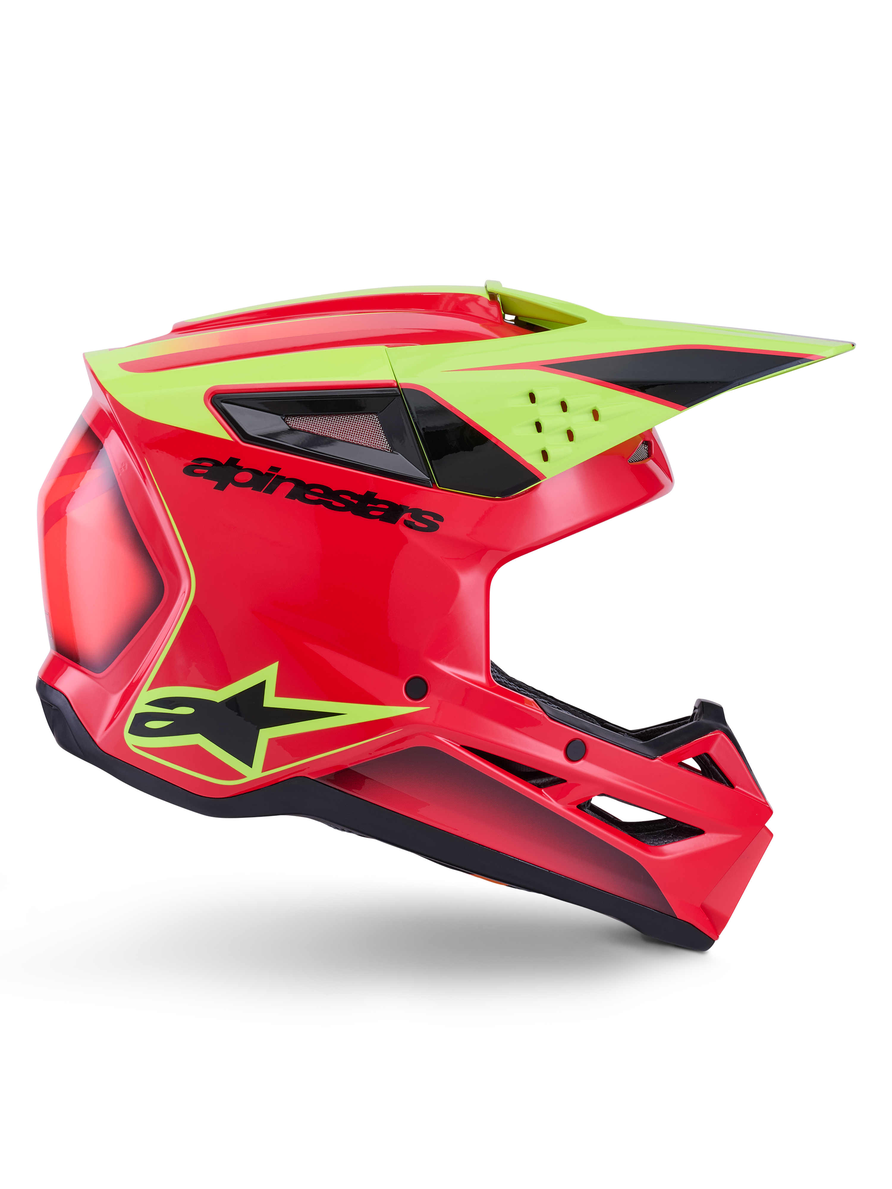 Alpinestars S-M3 Fray helm ECE 22.06, motorcrosshelm, rood fluogeel en glanzend zwart, zijaanzicht met aerodynamische schaal, meerdere ventilatieopeningen, opvallende zwarte logo's en een felgeel vizier