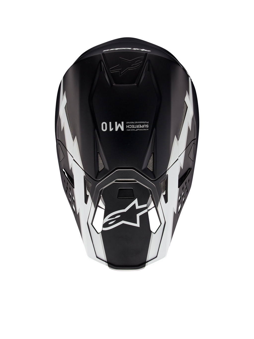 Alpinestars Supertech M10 Ampress Helmet, Motocross Helmet, Black and White Matte, top-down view showing white geometric graphics, A-star logo on the visor and Supertech M10 branding on the crown, aerodynamic design for off-road performance
