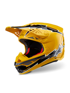 Alpinestars Supertech M10 Ampress helm, motorcrosshelm, geel en zwart glanzend, voorzien van bliksemschicht graphics, geventileerde klep en aerodynamisch ontwerp, hoogwaardige off-road bescherming.