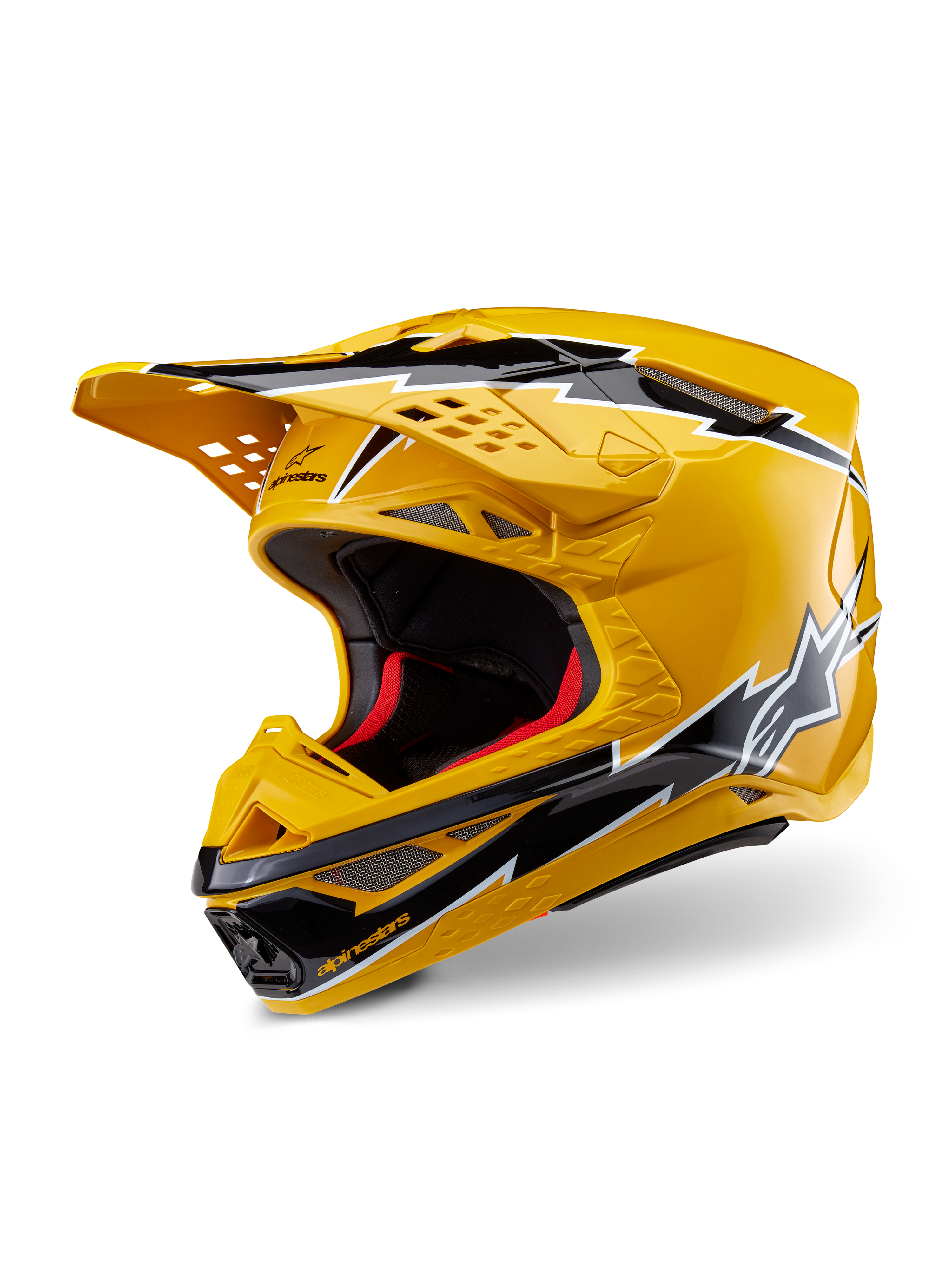 Alpinestars Supertech M10 Ampress helm, motorcrosshelm, geel en zwart glanzend, voorzien van bliksemschicht graphics, geventileerde klep en aerodynamisch ontwerp, hoogwaardige off-road bescherming.