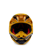 Alpinestars Supertech M10 Ampress helm, motorcrosshelm, geel en zwart glanzend, vooraanzicht met opvallende hoekige graphics, Alpinestars-logo op de klep, rode binnenvoering, aerodynamische schaal voor professionele motorcrossraces