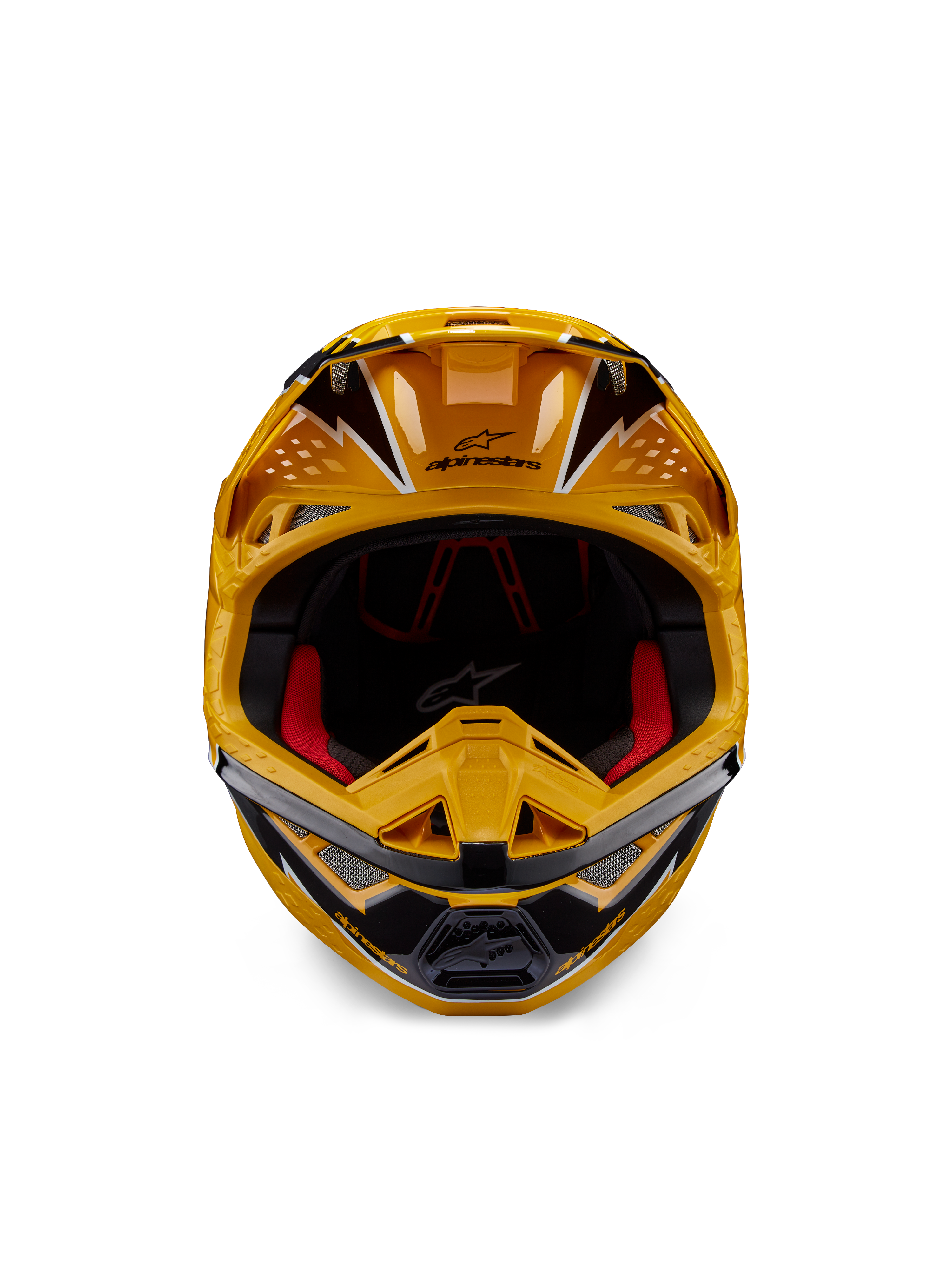 Alpinestars Supertech M10 Ampress helm, motorcrosshelm, geel en zwart glanzend, vooraanzicht met opvallende hoekige graphics, Alpinestars-logo op de klep, rode binnenvoering, aerodynamische schaal voor professionele motorcrossraces