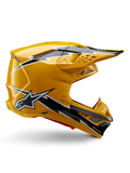 Alpinestars Supertech M10 Ampress helm, motorcrosshelm, glanzend zwart en geel, zijprofiel met opvallende zwart-witte bliksemgraphics, Alpinestars sterlogo, aerodynamisch ontwerp met geïntegreerde ventilatiepoorten en verstelbaar vizier.