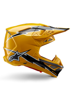 Alpinestars Supertech M10 Ampress helm, motorcrosshelm, glanzend zwart en geel, zijprofiel met opvallende zwart-witte bliksemgraphics, Alpinestars sterlogo, aerodynamisch ontwerp met geïntegreerde ventilatiepoorten en verstelbaar vizier.