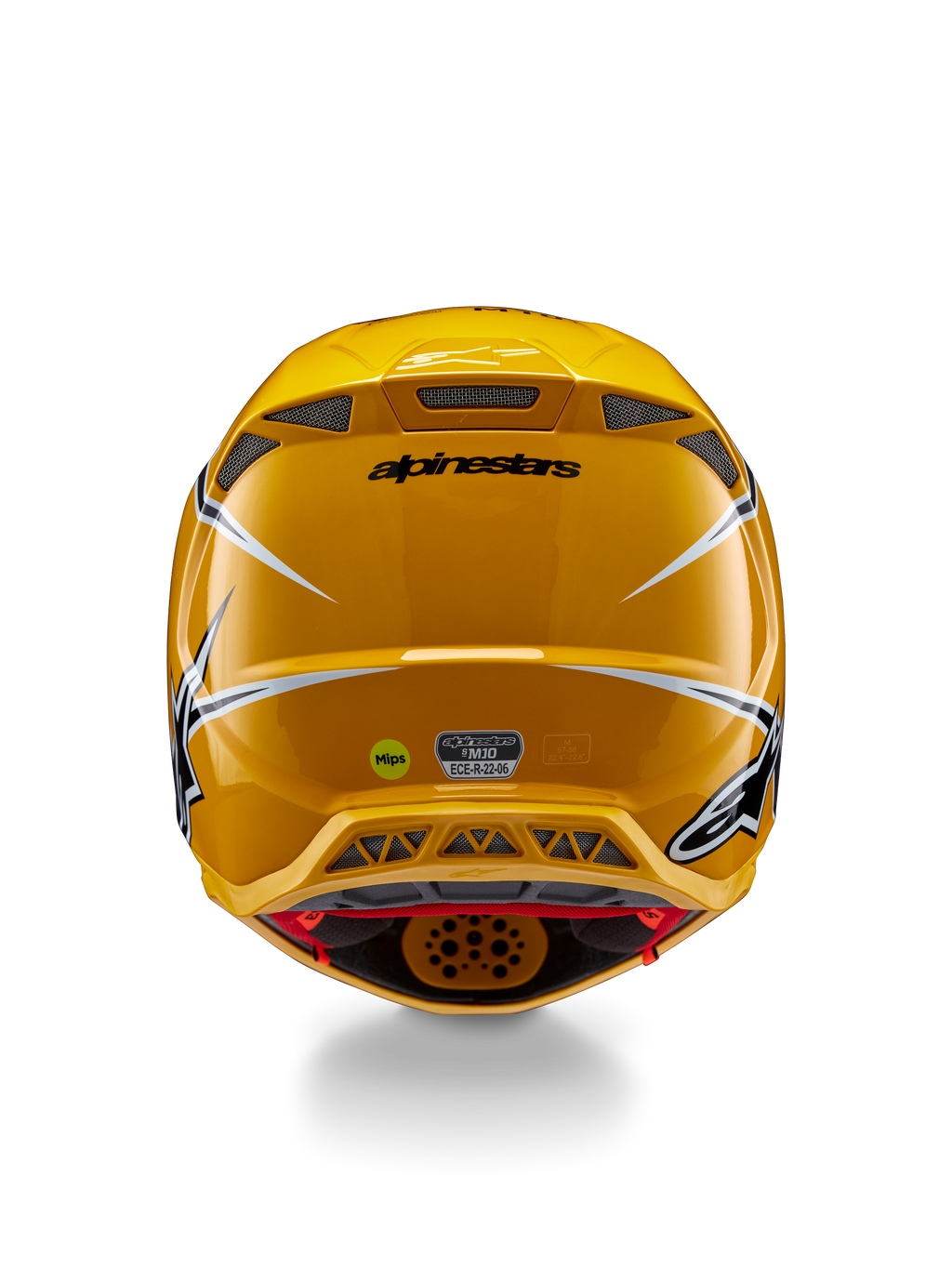 Alpinestars Supertech M10 Ampress-helm, achteraanzicht, glanzend geel met zwarte en witte accenten, voorzien van luchtuitlaten aan de achterzijde, MIPS- en ECE 22.06-stickers, professionele motorcross hoofdbescherming