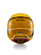 Alpinestars Supertech M10 Ampress-helm, achteraanzicht, glanzend geel met zwarte en witte accenten, voorzien van luchtuitlaten aan de achterzijde, MIPS- en ECE 22.06-stickers, professionele motorcross hoofdbescherming