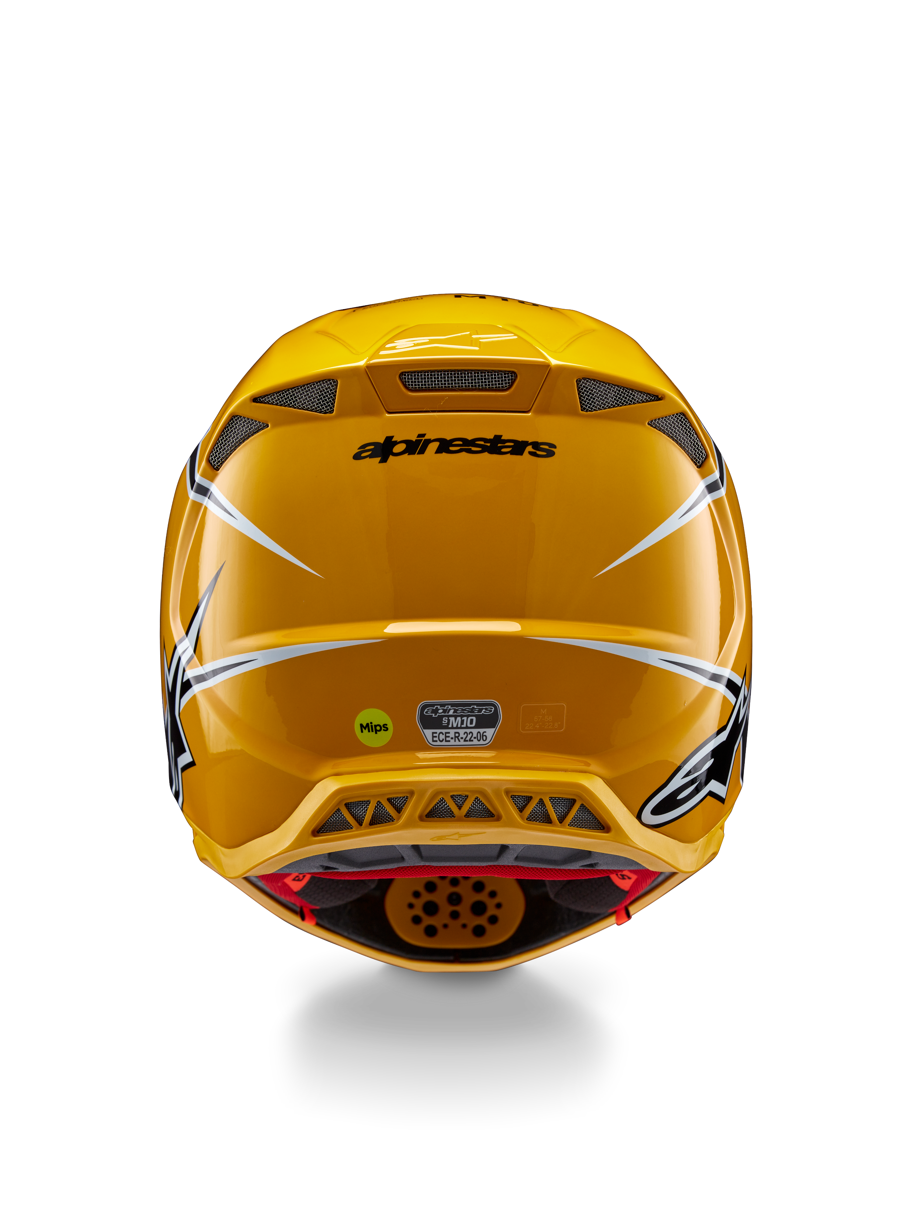 Alpinestars Supertech M10 Ampress-helm, achteraanzicht, glanzend geel met zwarte en witte accenten, voorzien van luchtuitlaten aan de achterzijde, MIPS- en ECE 22.06-stickers, professionele motorcross hoofdbescherming