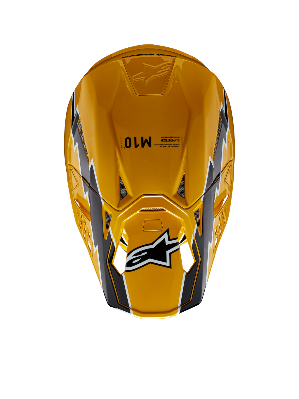 Alpinestars Supertech M10 Ampress helm, motorcrosshelm, glanzend zwart en geel, bovenaanzicht met een glanzende gele afwerking en zwart-witte graphics, Alpinestars-logo op het vizier, aerodynamische schaal met ventilatieopeningen.