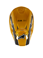 Alpinestars Supertech M10 Ampress helm, motorcrosshelm, glanzend zwart en geel, bovenaanzicht met een glanzende gele afwerking en zwart-witte graphics, Alpinestars-logo op het vizier, aerodynamische schaal met ventilatieopeningen.