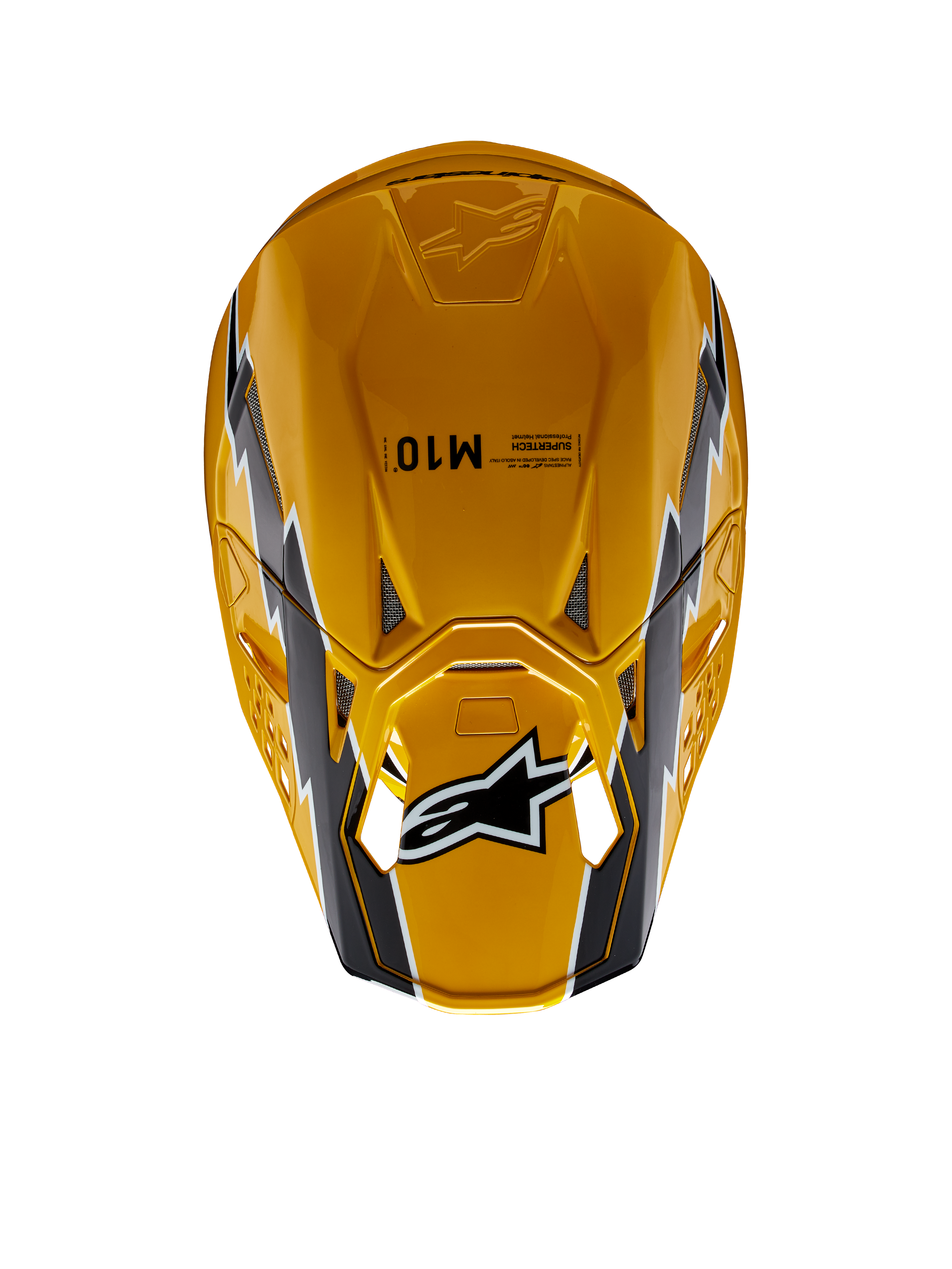Alpinestars Supertech M10 Ampress helm, motorcrosshelm, glanzend zwart en geel, bovenaanzicht met een glanzende gele afwerking en zwart-witte graphics, Alpinestars-logo op het vizier, aerodynamische schaal met ventilatieopeningen.