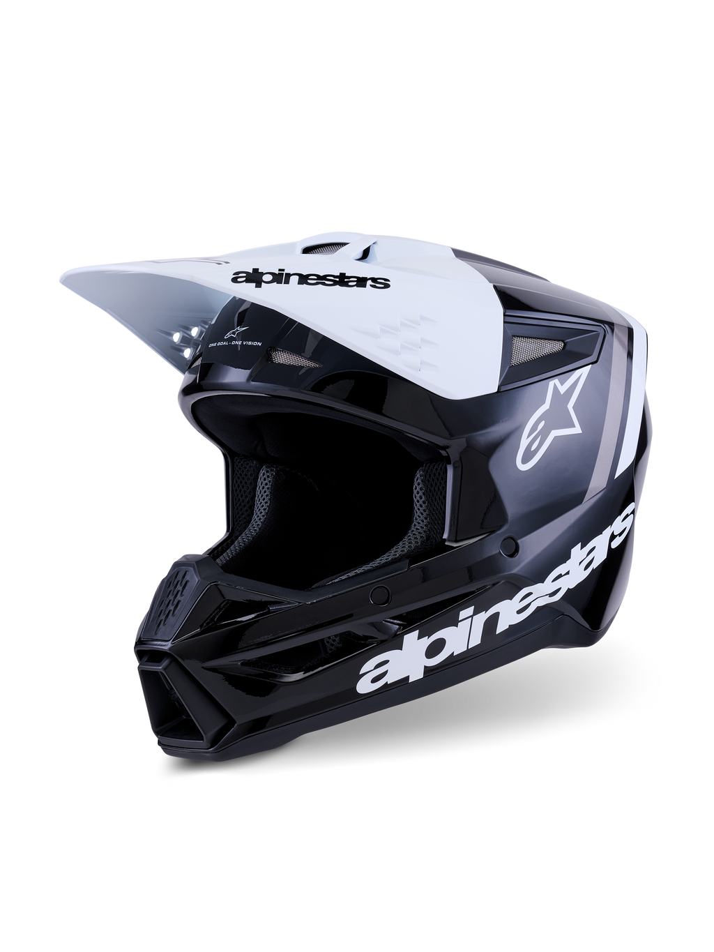 Alpinestars S-M3 Radium-helm, motorcrosshelm, glanzend zwart, wit en grijs, voorzien van een wit vizier met zwarte merknaam, glanzende zwarte schaal met opvallende witte Alpinestars-logo's en grijze grafische accenten, aerodynamisch ontwerp voor off-road racen