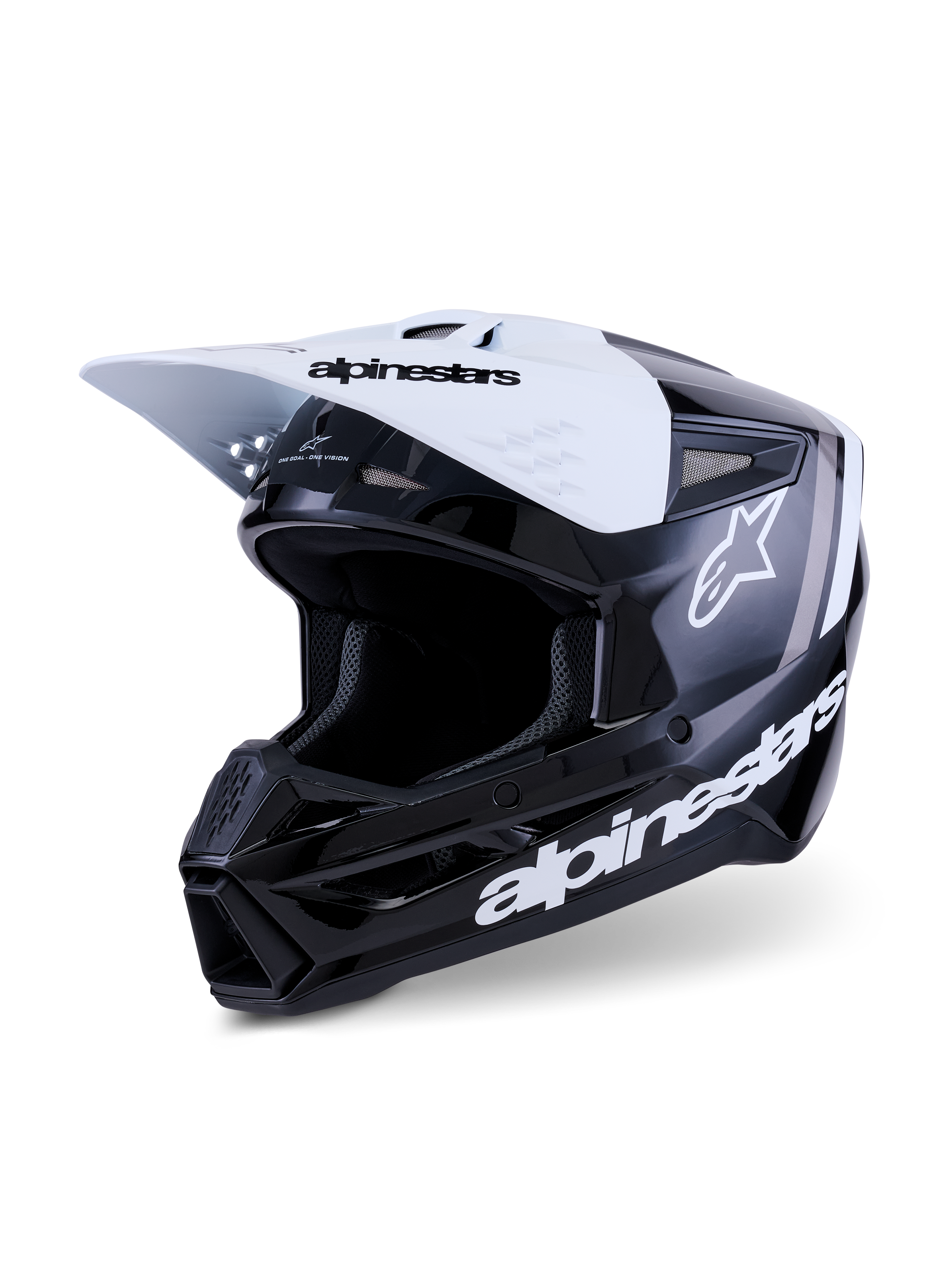 Alpinestars S-M3 Radium-helm, motorcrosshelm, glanzend zwart, wit en grijs, voorzien van een wit vizier met zwarte merknaam, glanzende zwarte schaal met opvallende witte Alpinestars-logo's en grijze grafische accenten, aerodynamisch ontwerp voor off-road racen