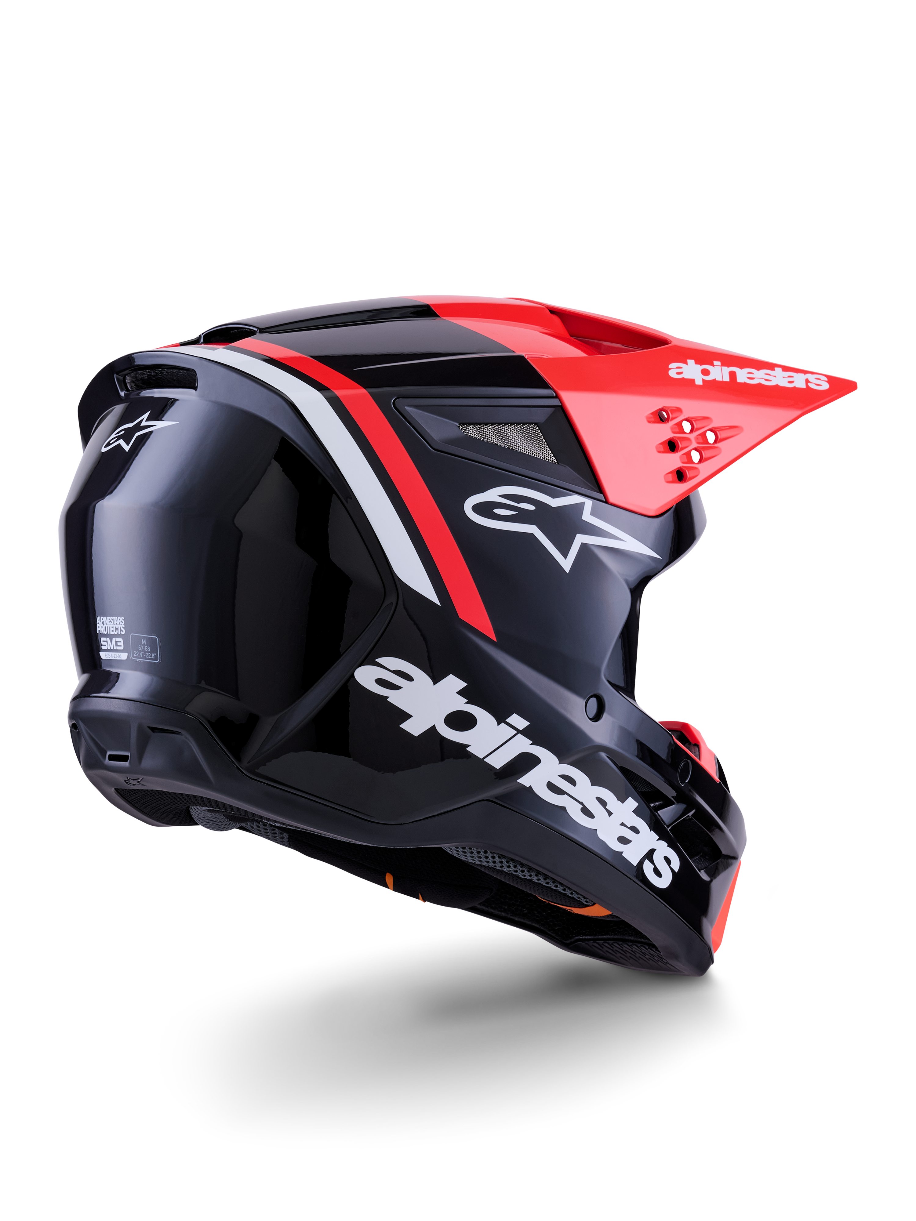 Alpinestars S-M3 Radium Helmet, Motocross Helmet, Black Red Fluo and White Glossy, rear three-quarter view showing sleek aerodynamic design, white branding and bright red visor, high-performance off-road protective headwear
