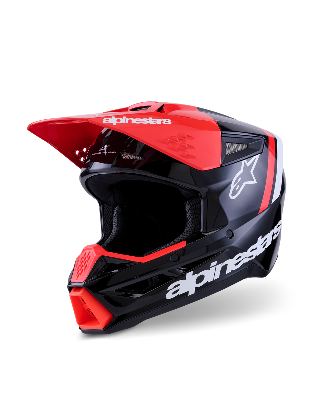 Alpinestars S-M3 Radium Helmet, Motocross Helmet, Black Red Fluo and White Glossy, high-gloss finish with bold white Alpinestars branding and star logo, featuring a bright red visor peak and chin vent, engineered for off-road protection.