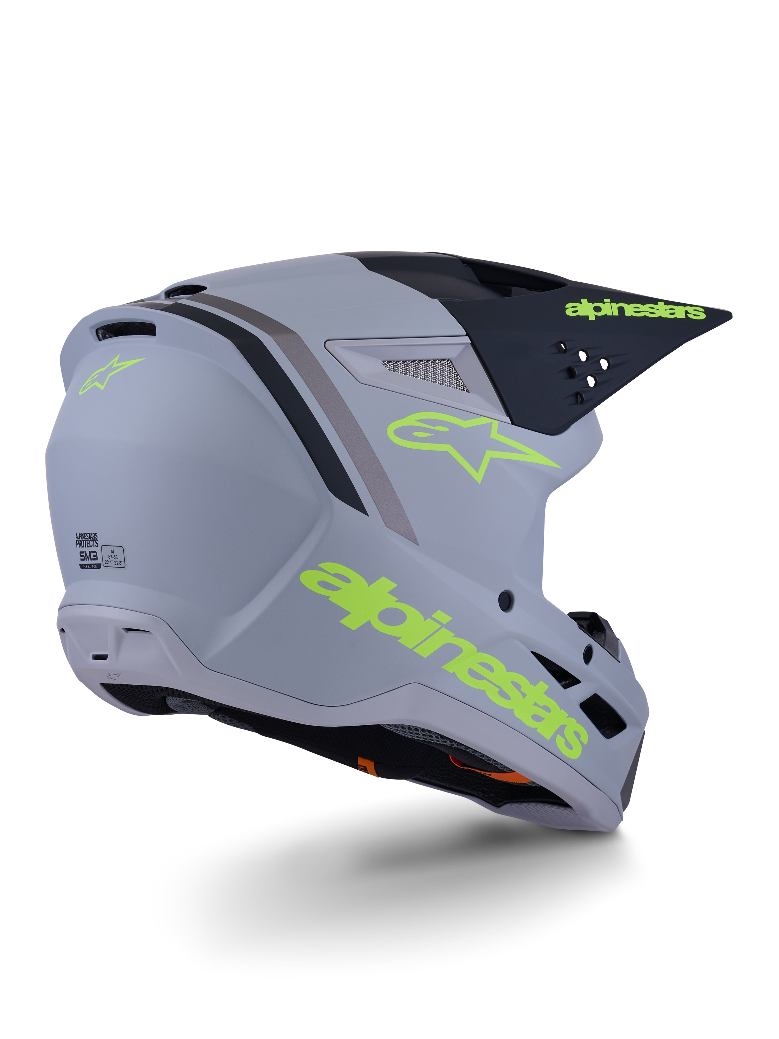 Alpinestars S-M3 Radium Helmet, Motocross Helmet, Gray Black and Yellow Fluo Matte, full-face design with angular shell, prominent visor and ventilation ports, matte finish with bold graphics