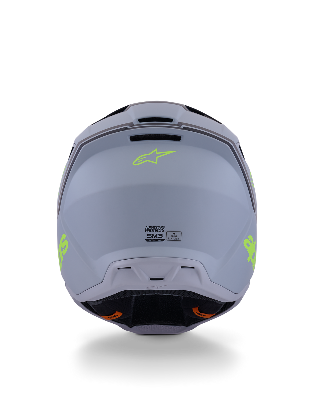 Alpinestars S-M3 Radium Helmet, Motocross Helmet, Green Black and Yellow Fluo Matte, rear view showing matte shell finish, neon yellow Alpinestars logo, and ECE 22.06 certification details.