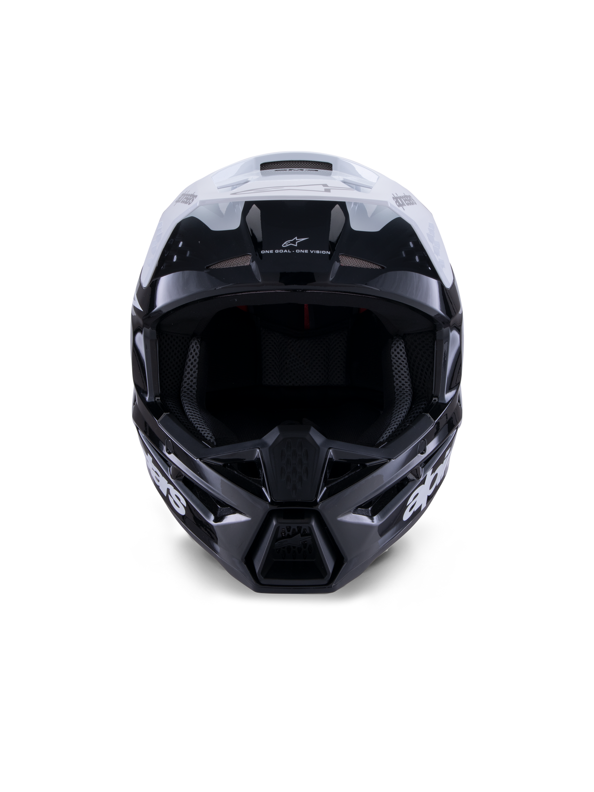 Alpinestars S-M3 Radium helm, motorcrosshelm, glanzend zwart, wit en grijs, vooraanzicht, voorzien van een agressief schaalontwerp met een wit vizier, zwarte kinbescherming en ventilatieopeningen met mesh-voering.