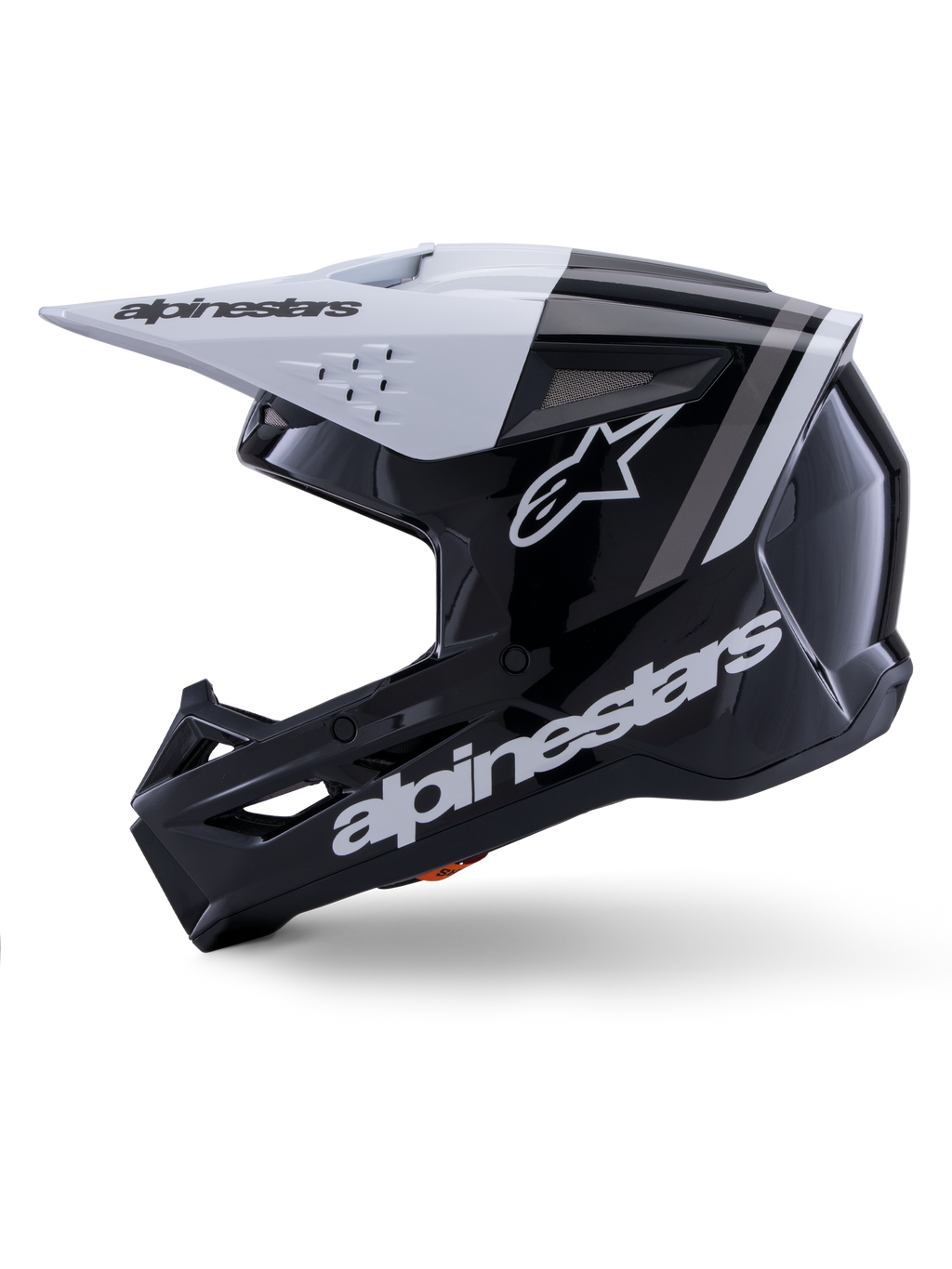 Alpinestars S-M3 Radium helm ECE 22.06, zijaanzicht, glanzende zwart-witte afwerking, grijze racestrepen, wit Alpinestars-logo op de zijkant en het kinstuk, geventileerd ontwerp voor motorcross en enduro