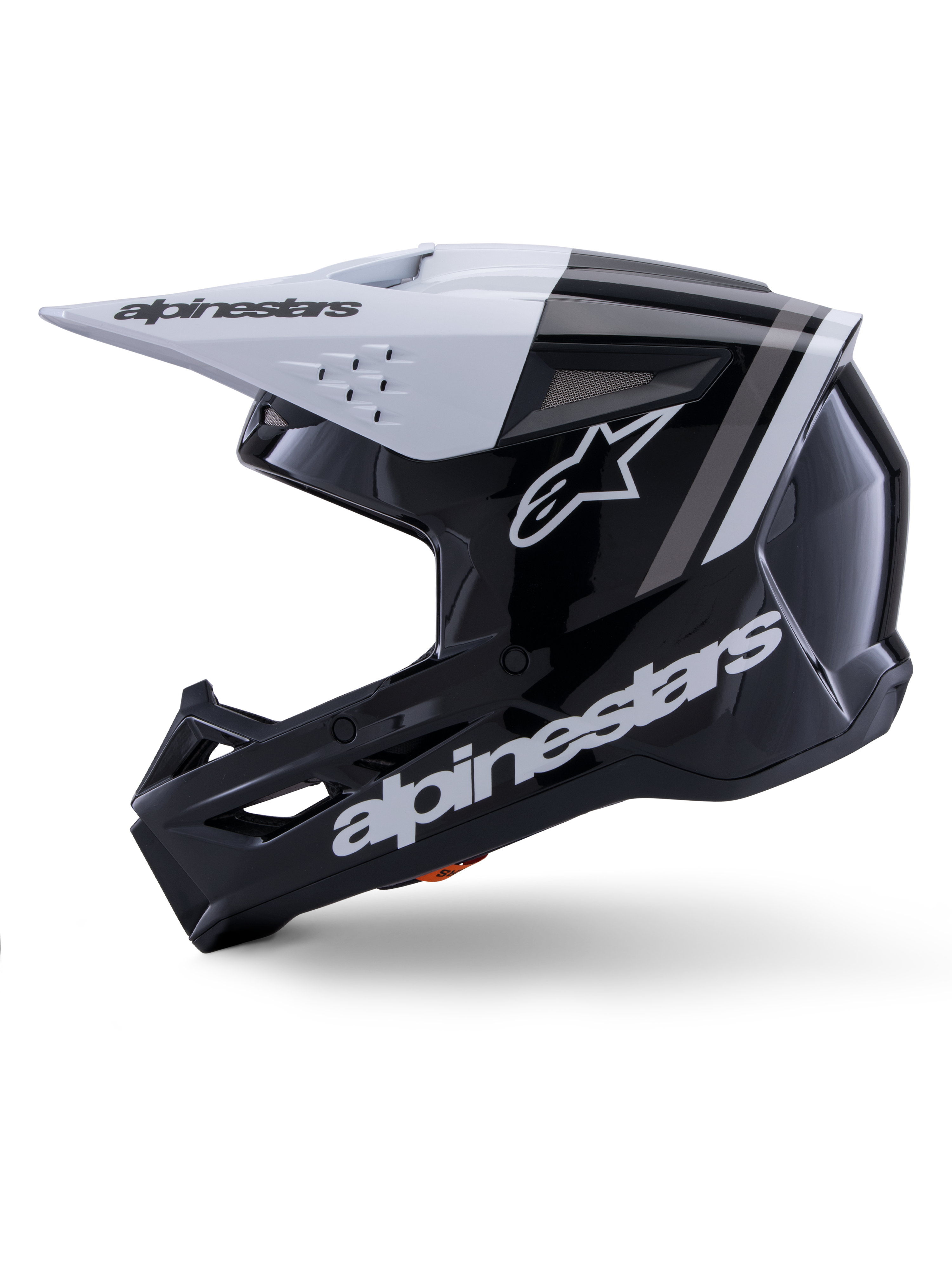 Alpinestars S-M3 Radium helm ECE 22.06, zijaanzicht, glanzende zwart-witte afwerking, grijze racestrepen, wit Alpinestars-logo op de zijkant en het kinstuk, geventileerd ontwerp voor motorcross en enduro