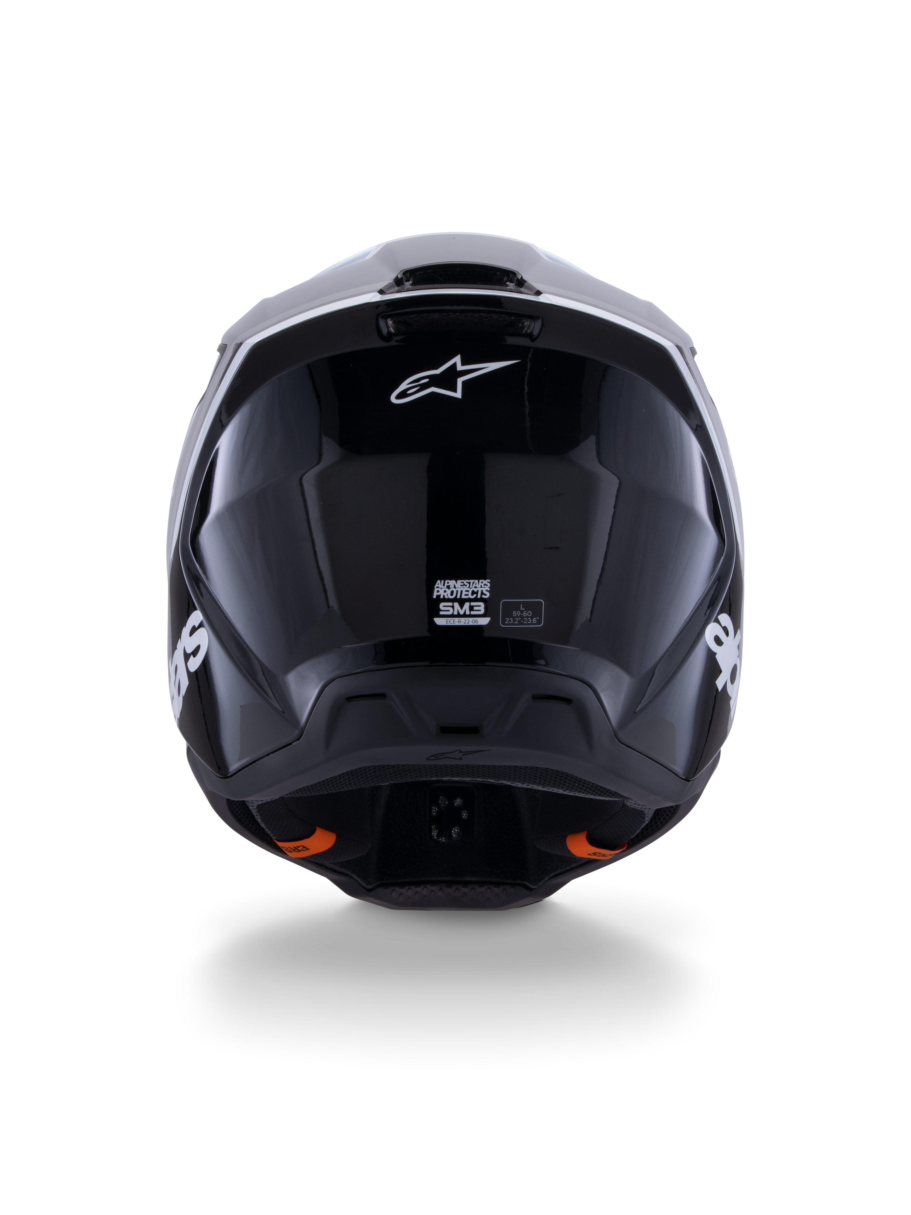 Alpinestars S-M3 Radium Helm ECE 22.06, motorcrosshelm, zwart wit grijs glanzend, achteraanzicht met glanzend zwarte afwerking, Alpinestars sterlogo, ventilatie-uitlaatopeningen en ECE-certificeringslabel.