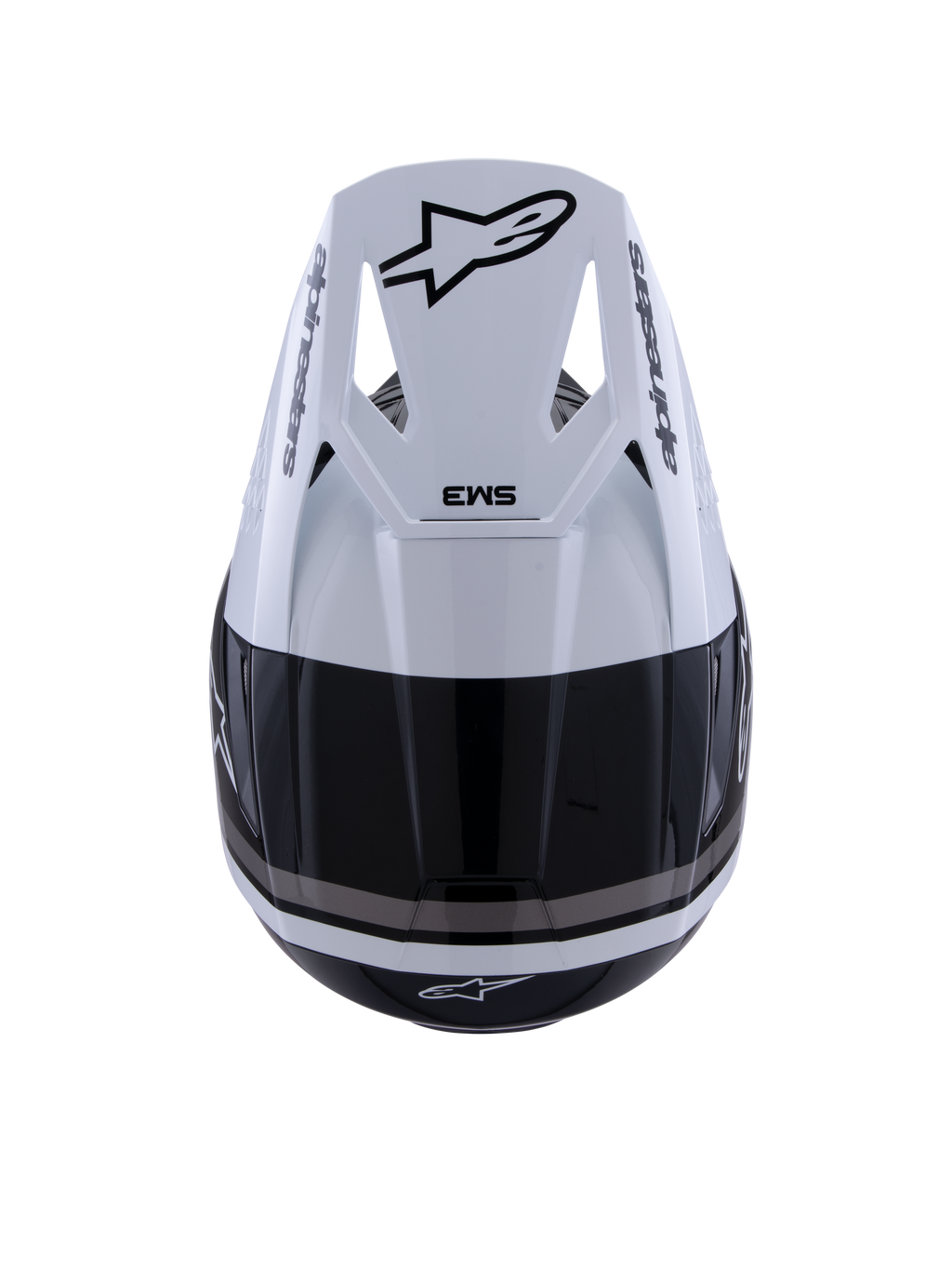 Alpinestars S-M3 Radium helm, motorcrosshelm, zwart wit en grijs glanzend, bovenaanzicht met wit vizier, zwart Astar-logo en SM3-branding, slanke glanzende afwerking met ventilatieopeningen, hoogwaardige off-road hoofdbescherming