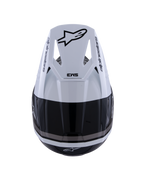 Alpinestars S-M3 Radium helm, motorcrosshelm, zwart wit en grijs glanzend, bovenaanzicht met wit vizier, zwart Astar-logo en SM3-branding, slanke glanzende afwerking met ventilatieopeningen, hoogwaardige off-road hoofdbescherming