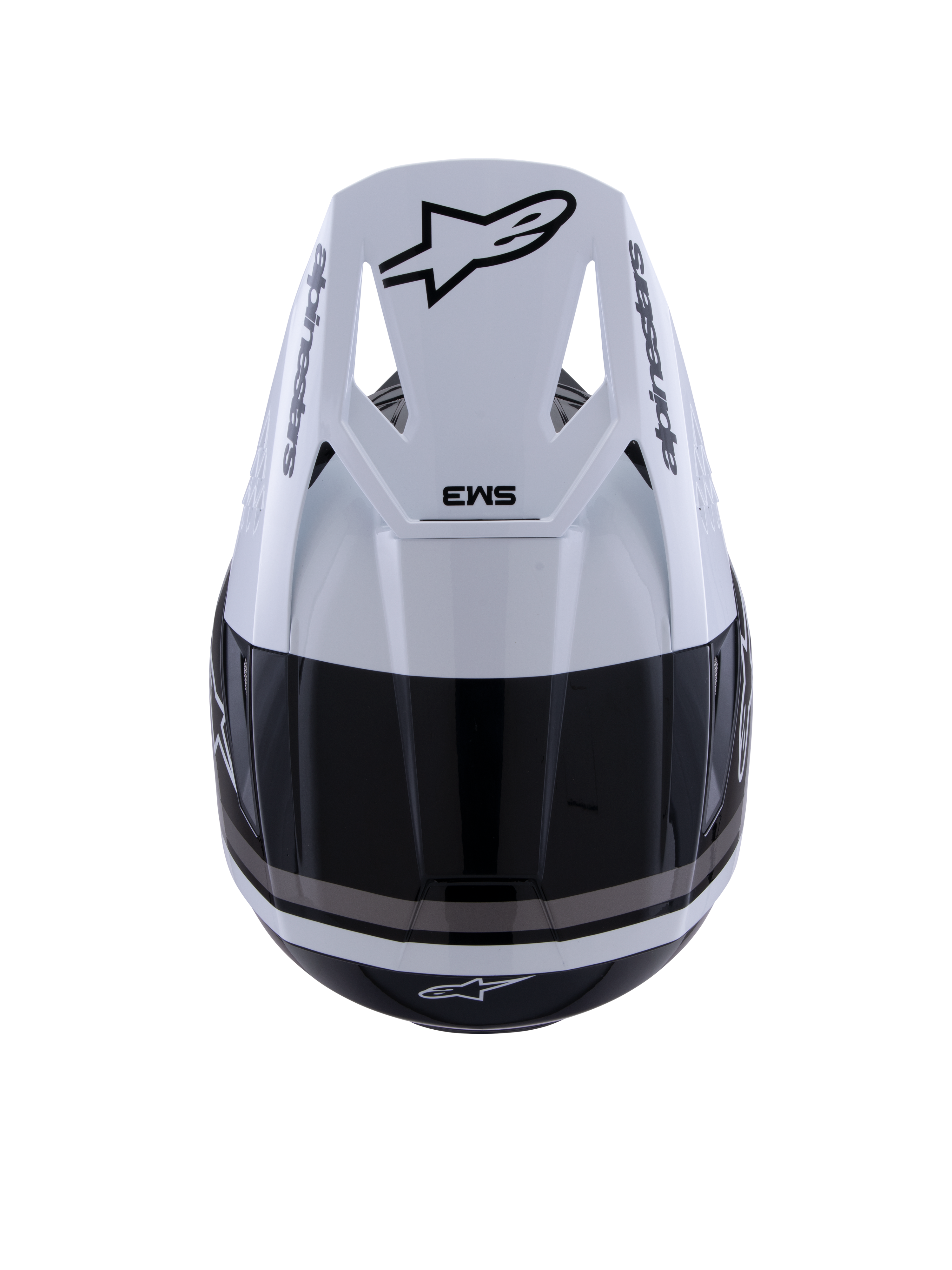 Alpinestars S-M3 Radium helm, motorcrosshelm, zwart wit en grijs glanzend, bovenaanzicht met wit vizier, zwart Astar-logo en SM3-branding, slanke glanzende afwerking met ventilatieopeningen, hoogwaardige off-road hoofdbescherming