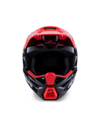 Alpinestars S-M3 Radium Helmet ECE 22.06, Motocross Helmet, Glossy Black with Fluorescent Red and White accents, front-facing view showing the aerodynamic shell, integrated visor, and protective chin bar with bold Alpinestars branding.