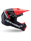 Alpinestars S-M3 Radium Helmet, Motocross Helmet, Black Red Fluo and White Glossy, featuring an aerodynamic design with an angular visor, ventilation ports, and a glossy finish, premium motorsports protection