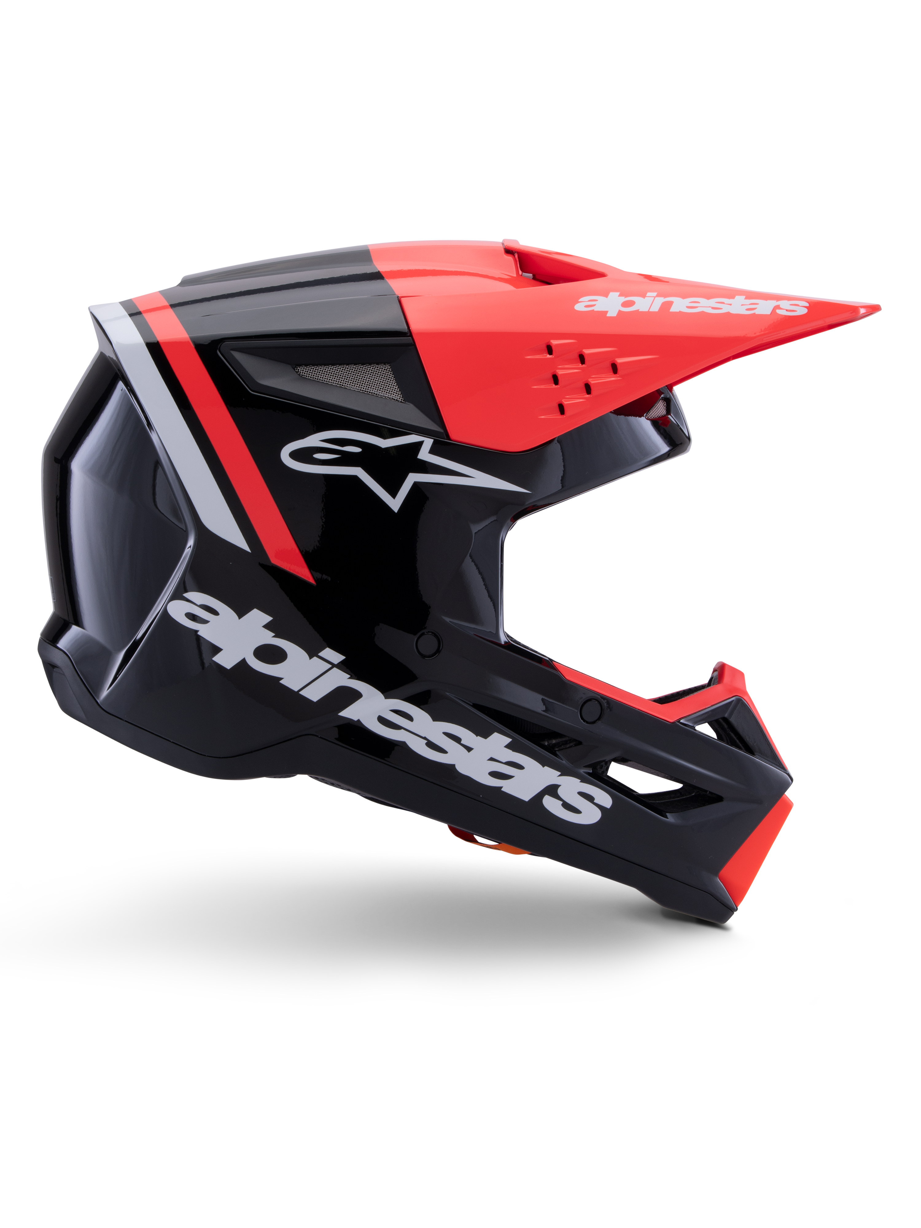 Alpinestars S-M3 Radium helm, motorcrosshelm, zwart, fluo rood en glanzend wit, voorzien van een aerodynamisch ontwerp met een hoekig vizier, ventilatieopeningen en een glanzende afwerking, hoogwaardige motorsportbescherming